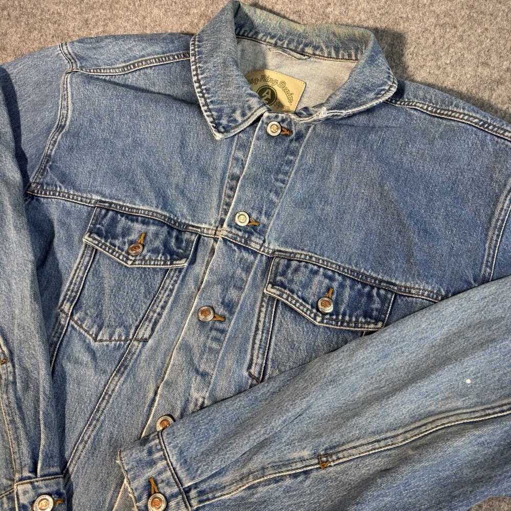 Arizona Jean Co Denim Jacket Mens Large Big Ring Denim Blue Distressed Trucker